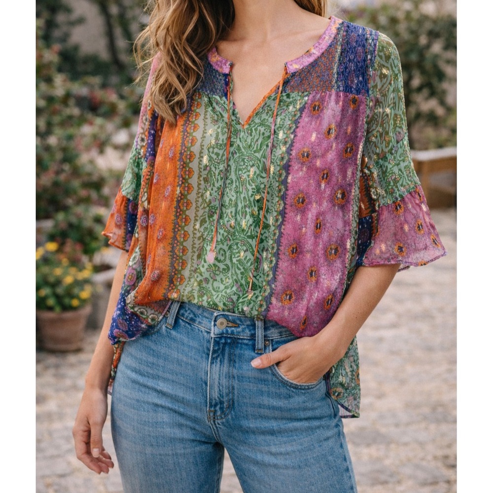 Akemi + Kin Anthropologie‎ Sheer Patchwork Mix Print Boho Top Women's Size M